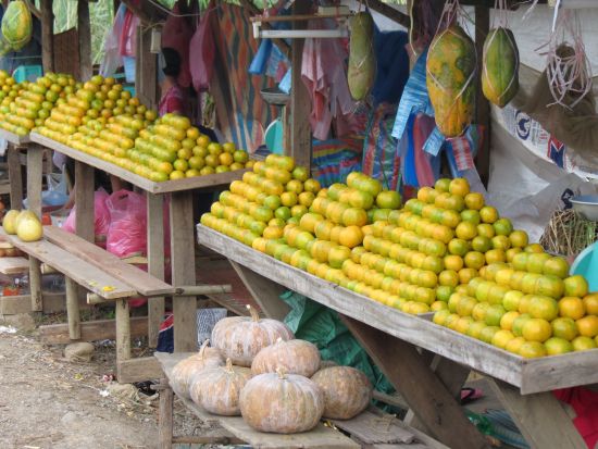 Marktstand mit Mandarinen und Papayas